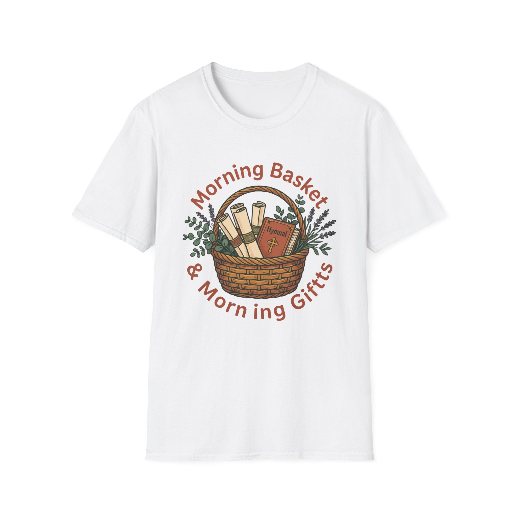Morning Basket, Morning Gifts homeschool mom graphic t-shirt with a cozy morning basket-inspired design with books, gentle details, and home learning charm