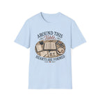 Around This Table homeschool mom graphic t-shirt with a gathered-at-home inspired graphic with books, florals, and cozy family learning details