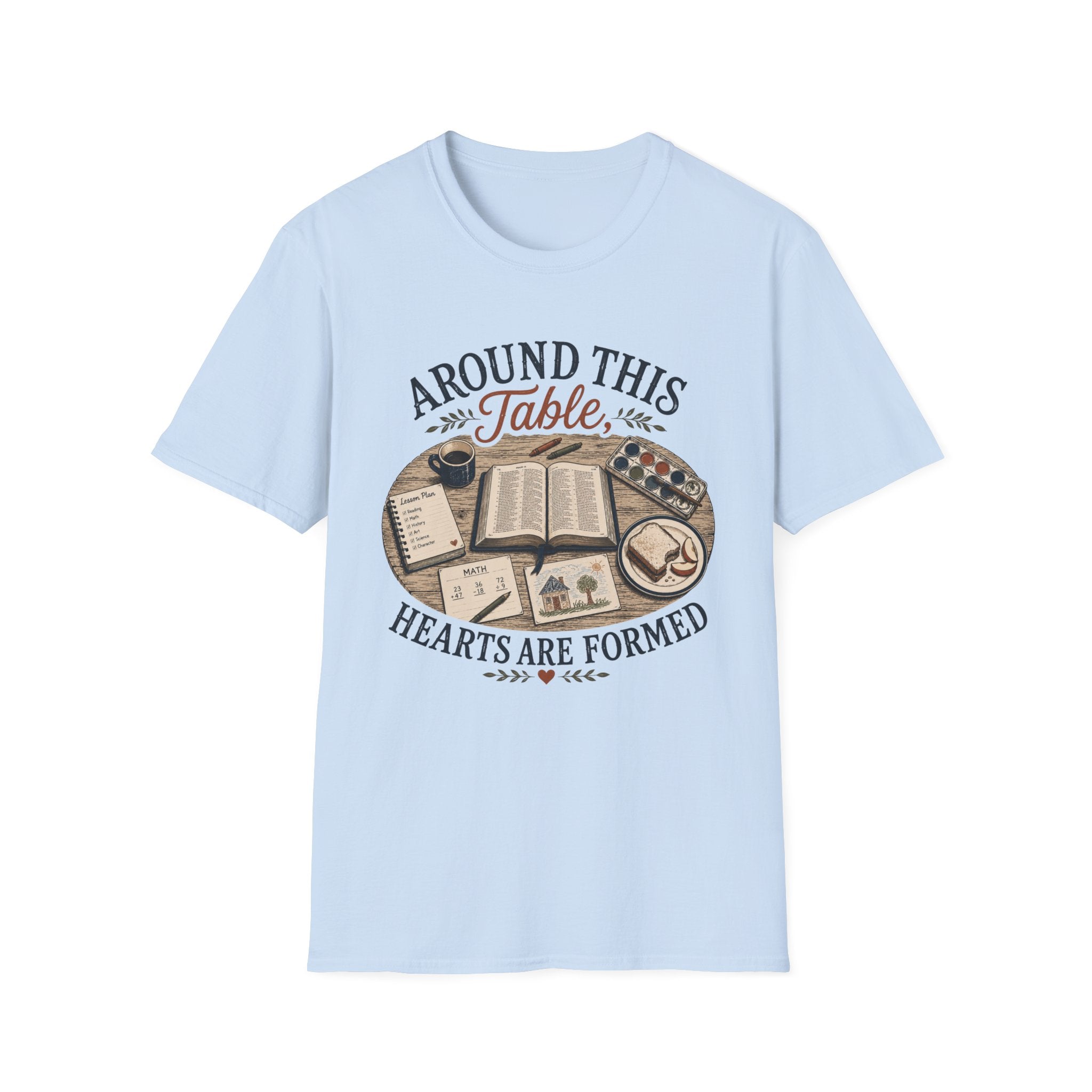 Around This Table homeschool mom graphic t-shirt with a gathered-at-home inspired graphic with books, florals, and cozy family learning details