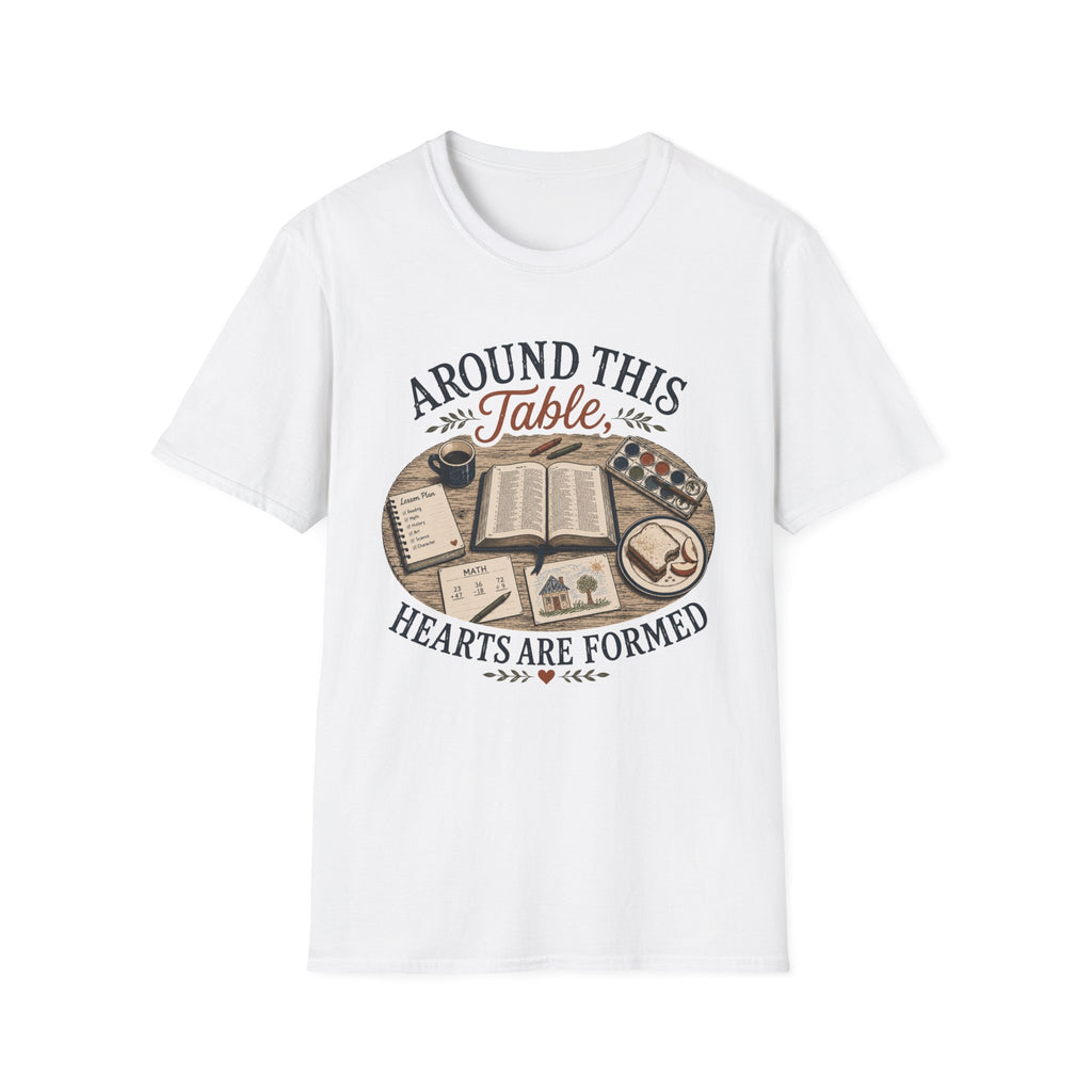 Around This Table homeschool mom graphic t-shirt with a gathered-at-home inspired graphic with books, florals, and cozy family learning details