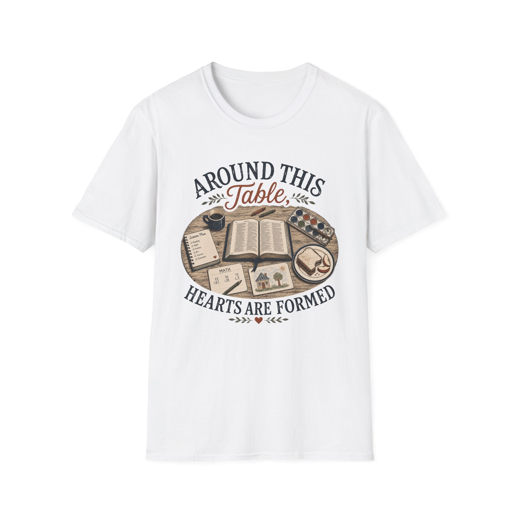 Around This Table homeschool mom graphic t-shirt with a gathered-at-home inspired graphic with books, florals, and cozy family learning details