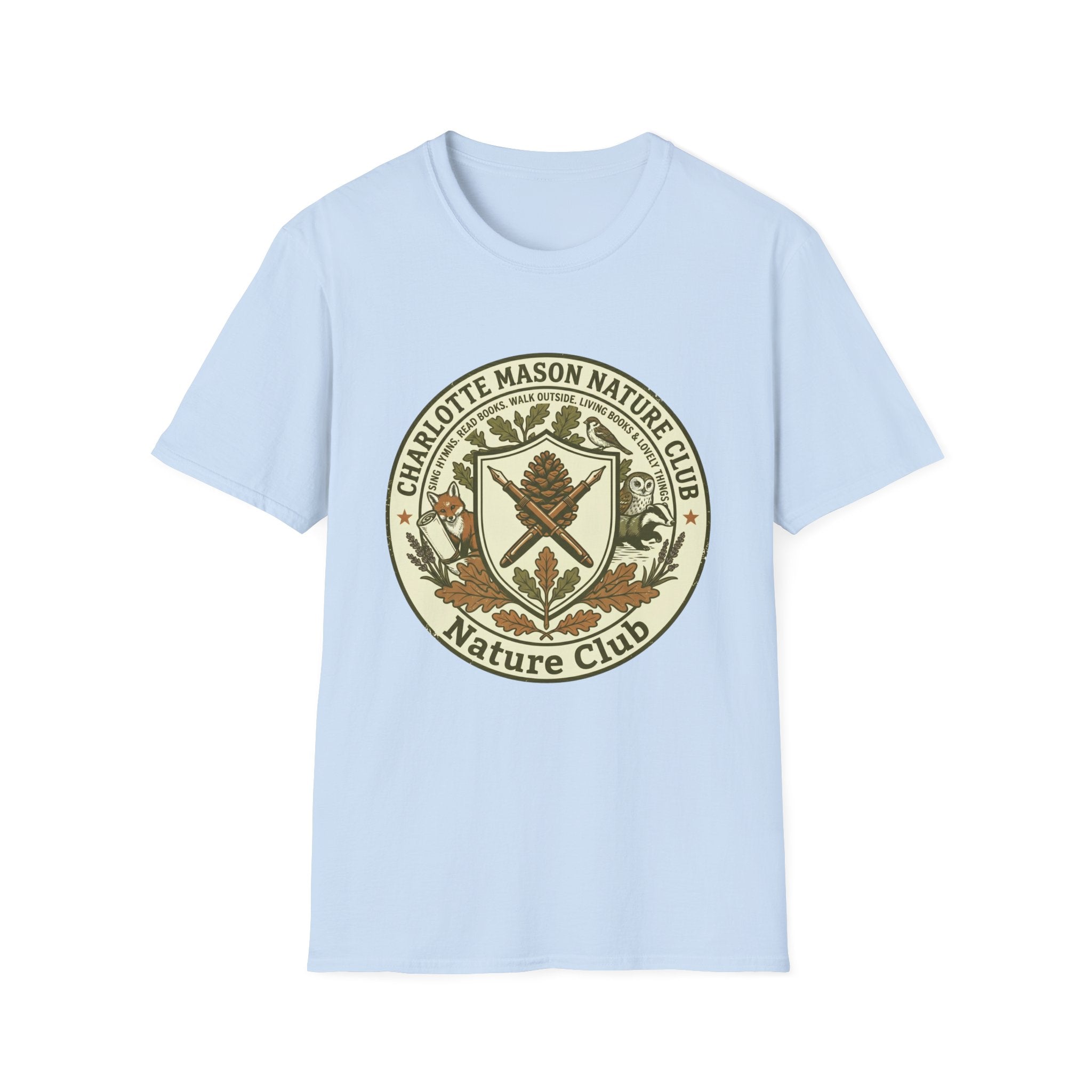 Charlotte Mason Nature Club homeschool mom graphic t-shirt with a Charlotte Mason-inspired design with books, nature details, and vintage homeschool charm
