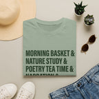 Narration Check List homeschool mom graphic t-shirt with a playful checklist-style homeschool graphic with bookish and nature-inspired details
