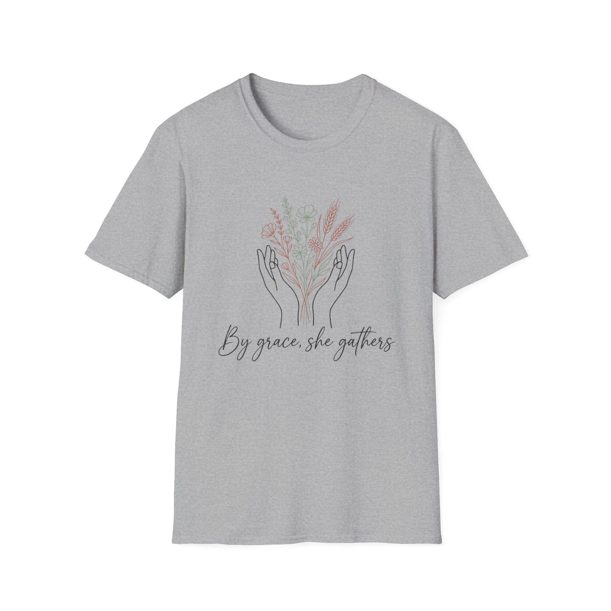 By Grace homeschool mom graphic t-shirt with a faith-filled homeschool design with gentle lettering and classic illustrative details