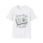 Living Books & Tea Time homeschool mom graphic t-shirt with a Charlotte Mason-inspired design with books, nature details, and vintage homeschool charm