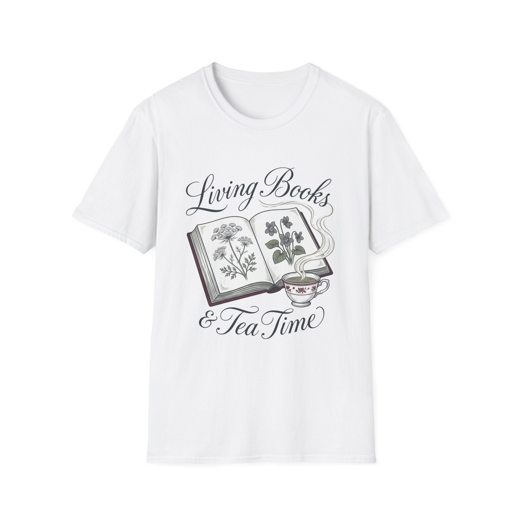 Living Books & Tea Time homeschool mom graphic t-shirt with a Charlotte Mason-inspired design with books, nature details, and vintage homeschool charm