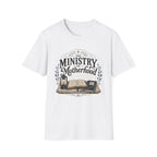 The Ministry Of Motherhood homeschool mom graphic t-shirt with a faith-filled homeschool design with gentle lettering and classic illustrative details