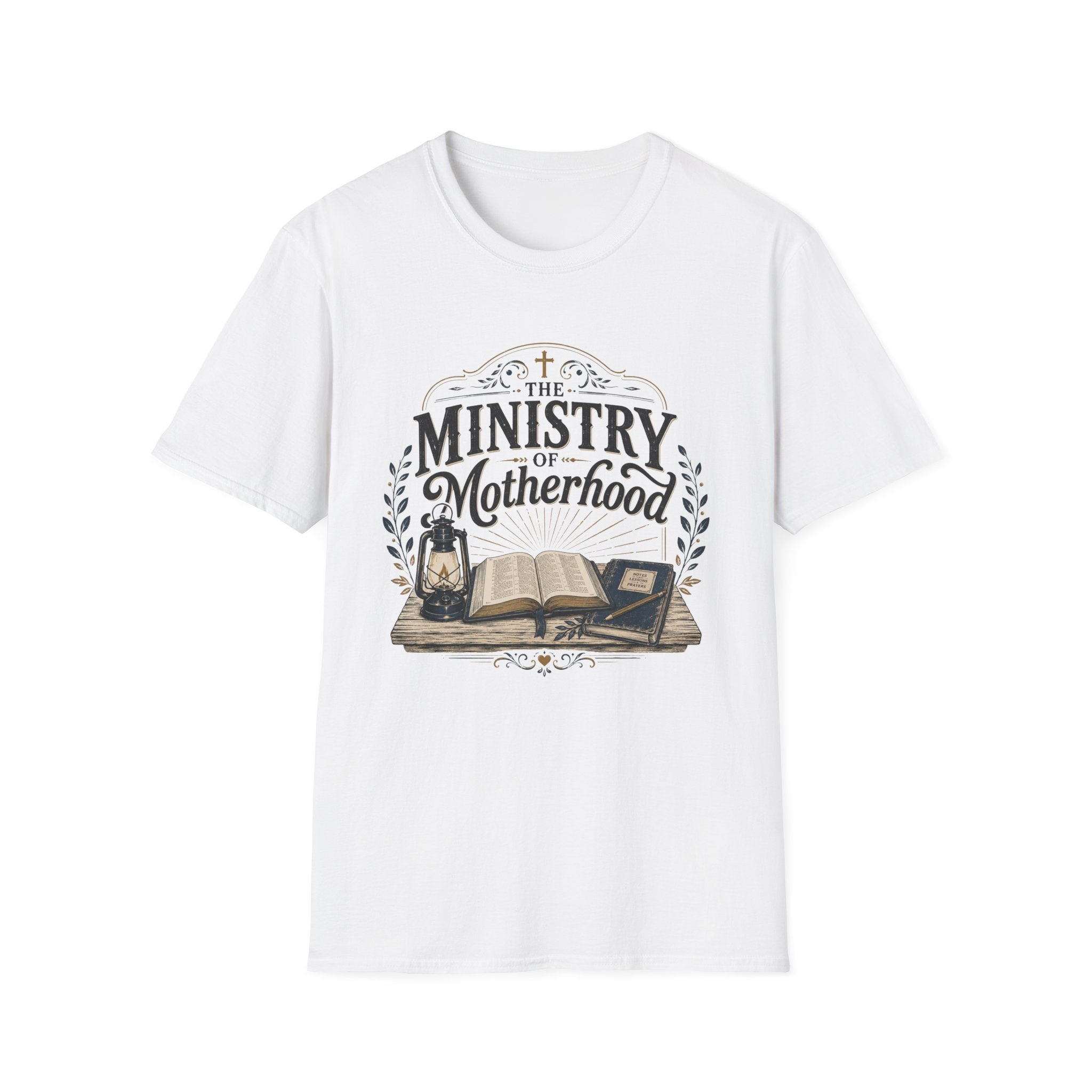 The Ministry Of Motherhood homeschool mom graphic t-shirt with a faith-filled homeschool design with gentle lettering and classic illustrative details