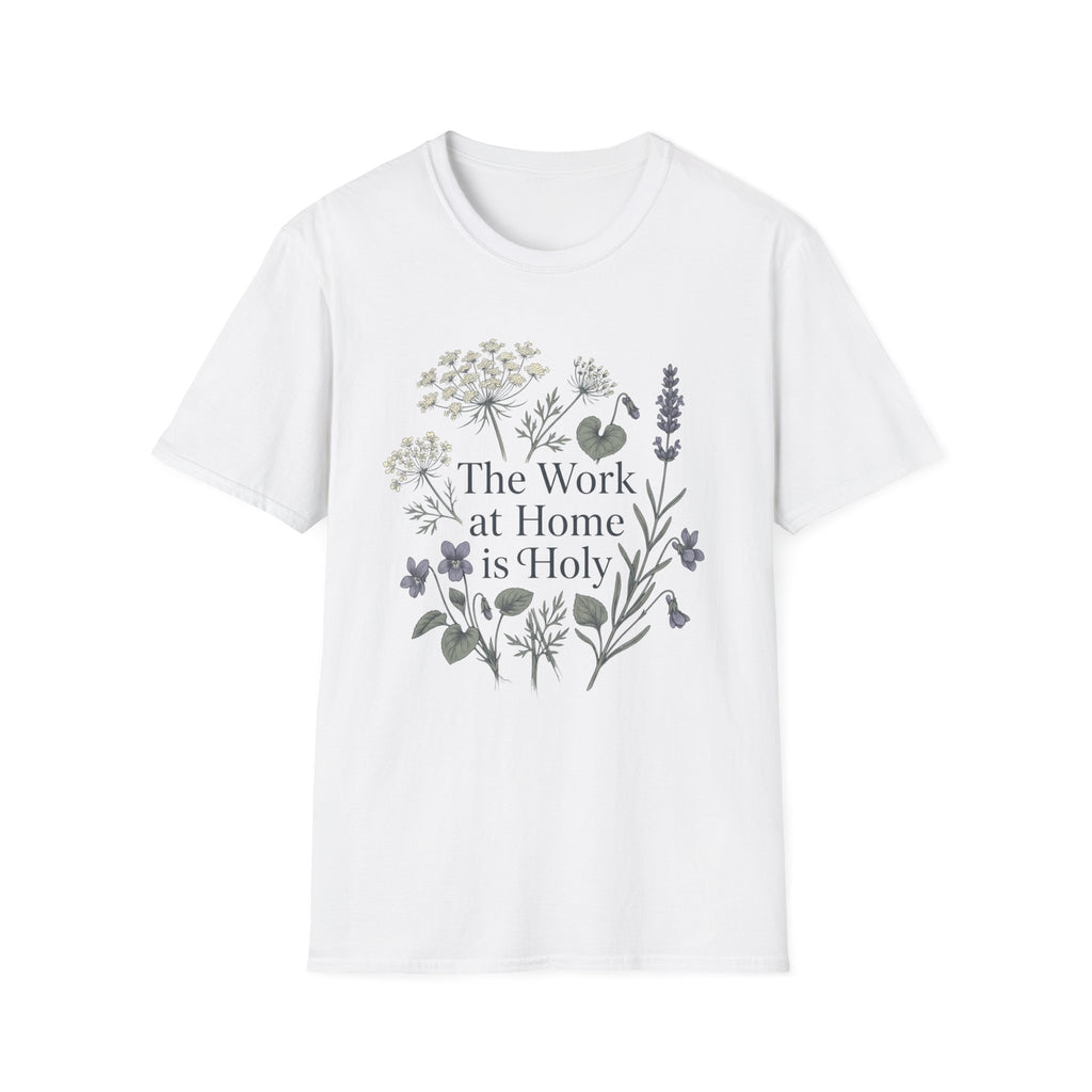 The Work At Home Is Holy homeschool mom graphic t-shirt with a gathered-at-home inspired graphic with books, florals, and cozy family learning details