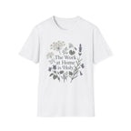 The Work At Home Is Holy homeschool mom graphic t-shirt with a gathered-at-home inspired graphic with books, florals, and cozy family learning details