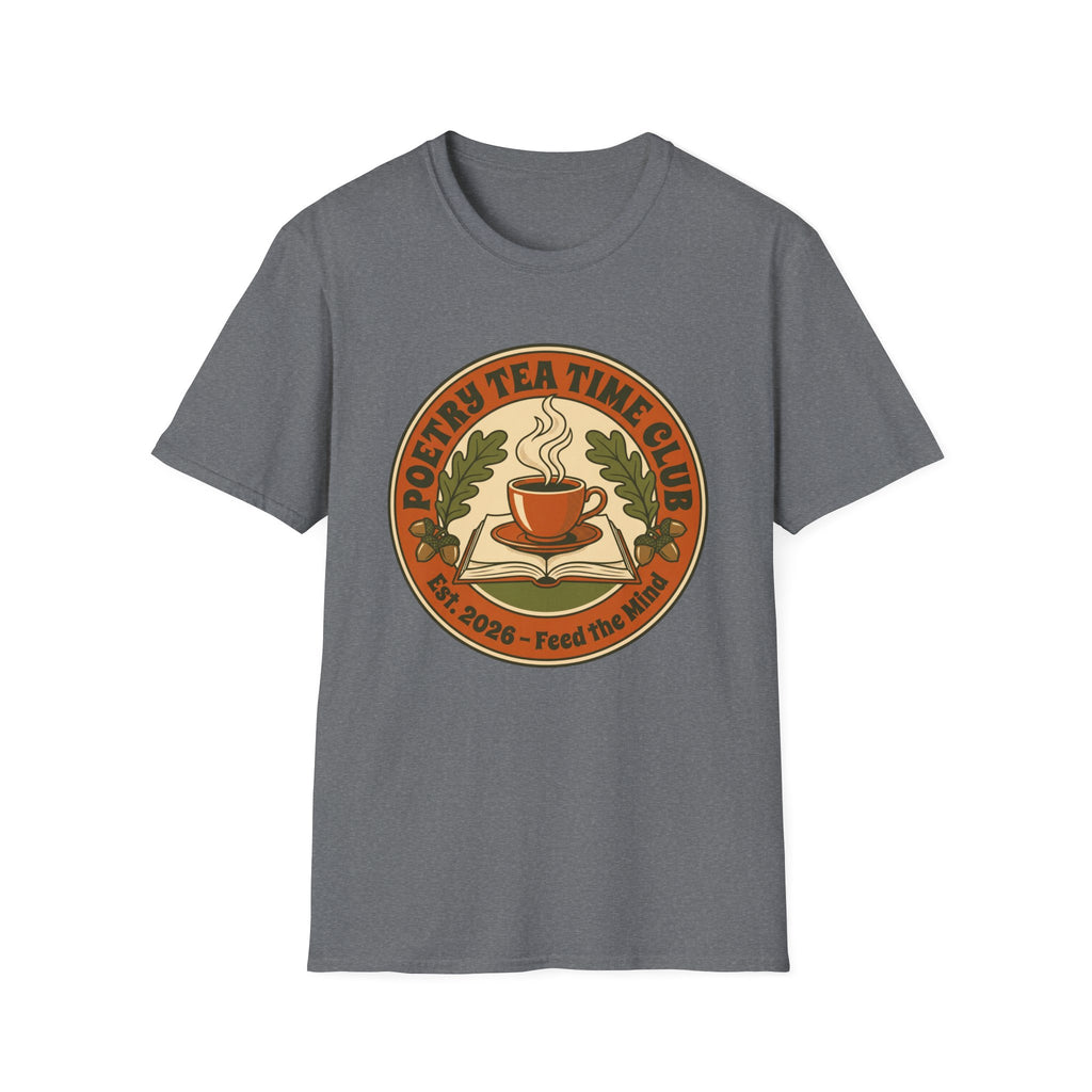 Poetry Tea Time Club homeschool mom graphic t-shirt with a cozy poetry teatime graphic with tea, books, and vintage homeschool charm