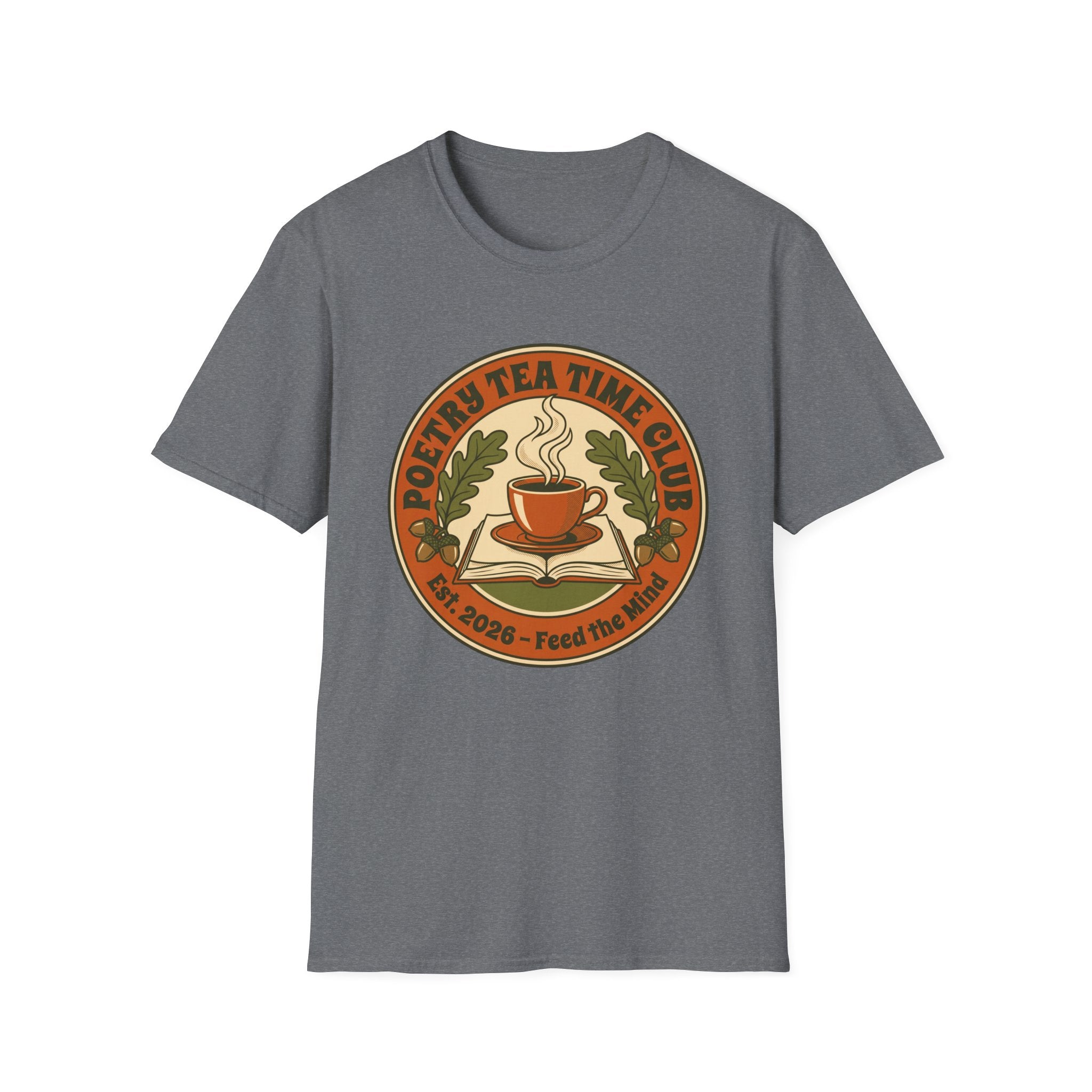Poetry Tea Time Club homeschool mom graphic t-shirt with a cozy poetry teatime graphic with tea, books, and vintage homeschool charm