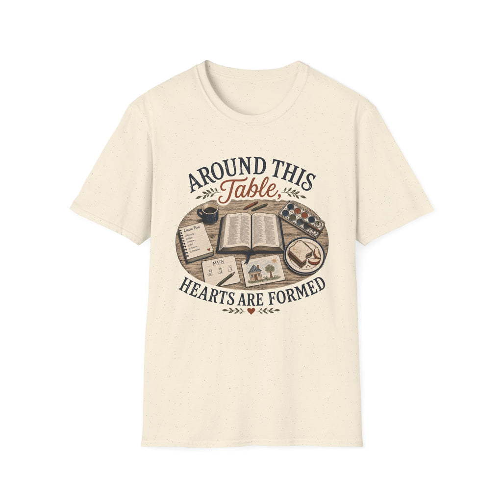 Around This Table homeschool mom graphic t-shirt with a gathered-at-home inspired graphic with books, florals, and cozy family learning details