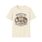 Around This Table homeschool mom graphic t-shirt with a gathered-at-home inspired graphic with books, florals, and cozy family learning details