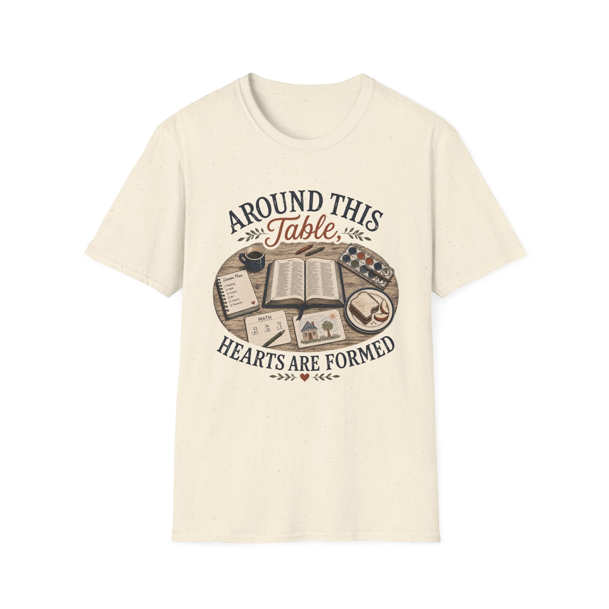 Around This Table homeschool mom graphic t-shirt with a gathered-at-home inspired graphic with books, florals, and cozy family learning details