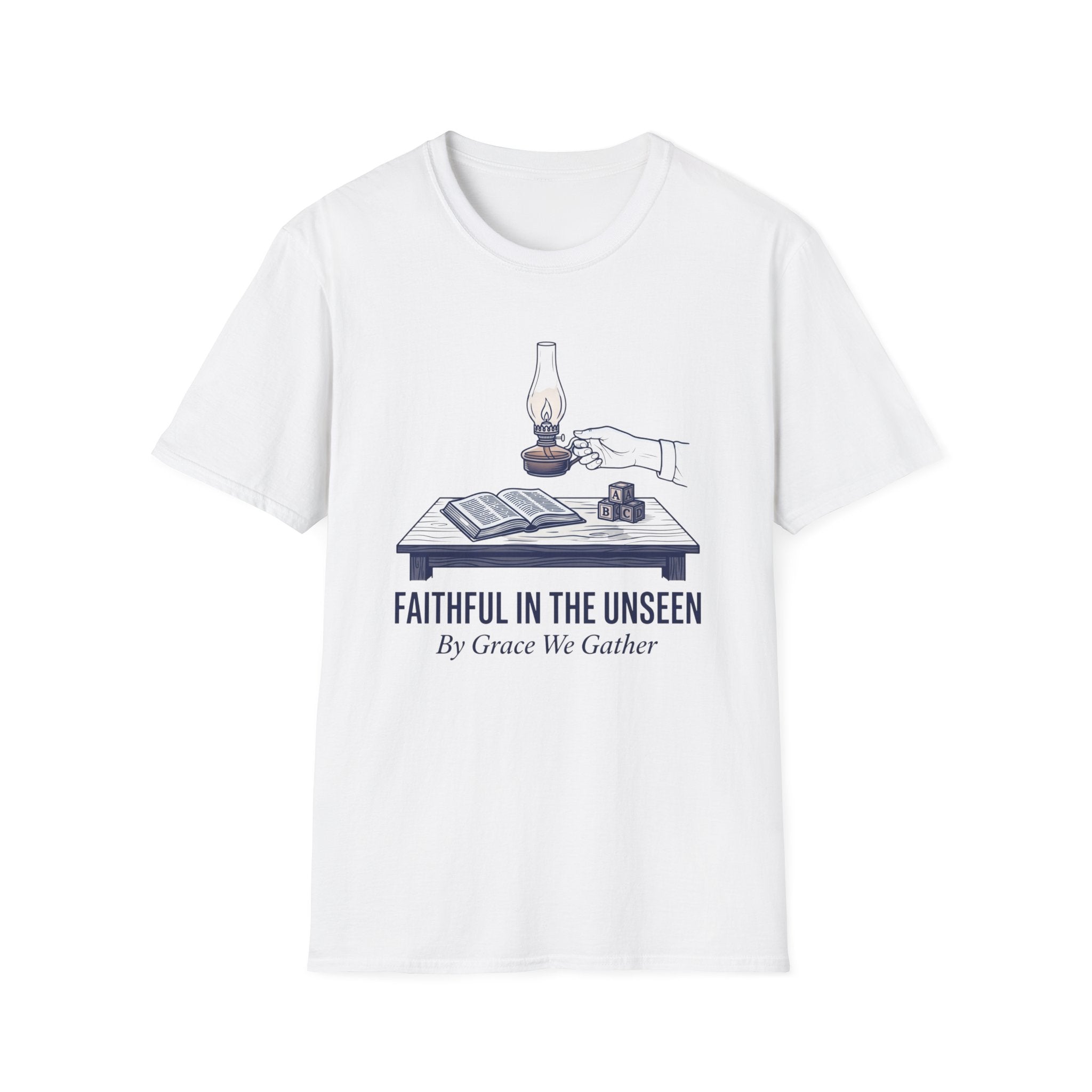 Faithful In The Unseen homeschool mom graphic t-shirt with a faith-filled homeschool design with gentle lettering and classic illustrative details