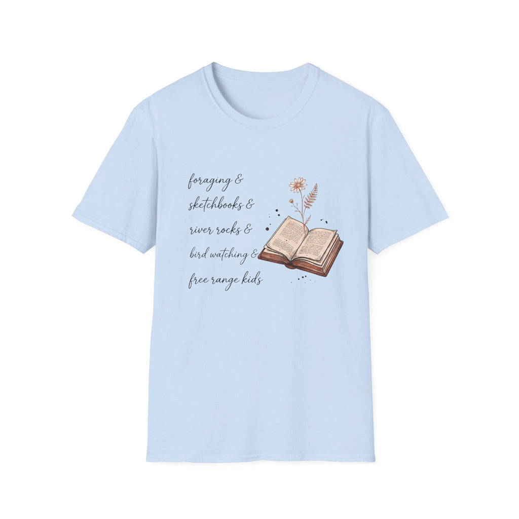 Homeschool Mom Outdoor Check List homeschool mom graphic t-shirt with a playful checklist-style homeschool graphic with bookish and nature-inspired details