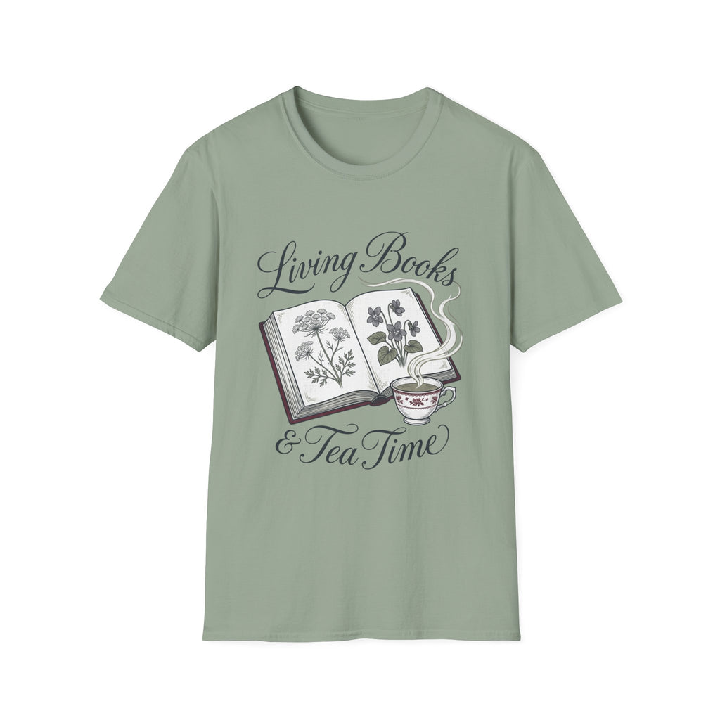Living Books & Tea Time homeschool mom graphic t-shirt with a Charlotte Mason-inspired design with books, nature details, and vintage homeschool charm