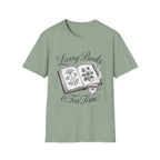 Living Books & Tea Time homeschool mom graphic t-shirt with a Charlotte Mason-inspired design with books, nature details, and vintage homeschool charm