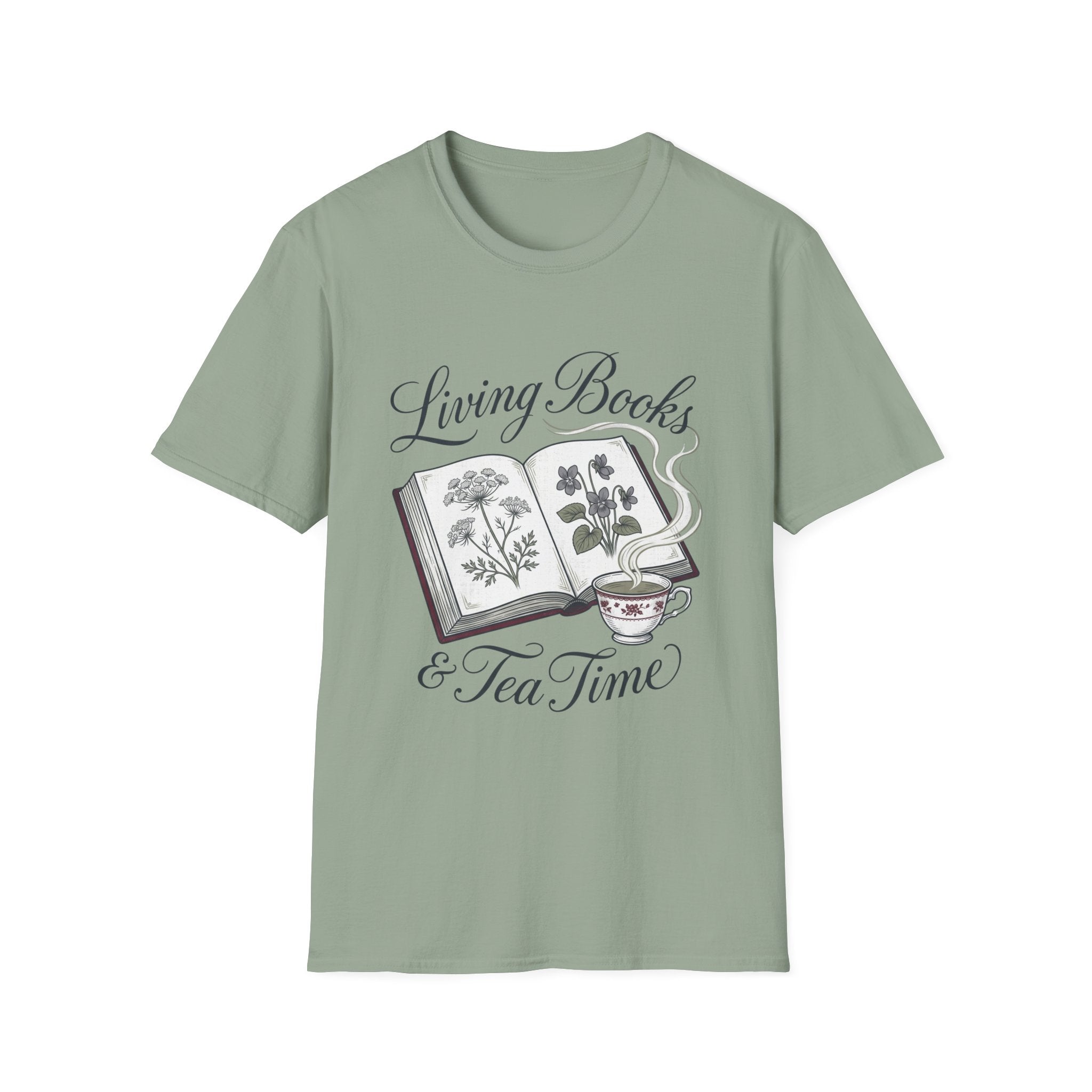 Living Books & Tea Time homeschool mom graphic t-shirt with a Charlotte Mason-inspired design with books, nature details, and vintage homeschool charm