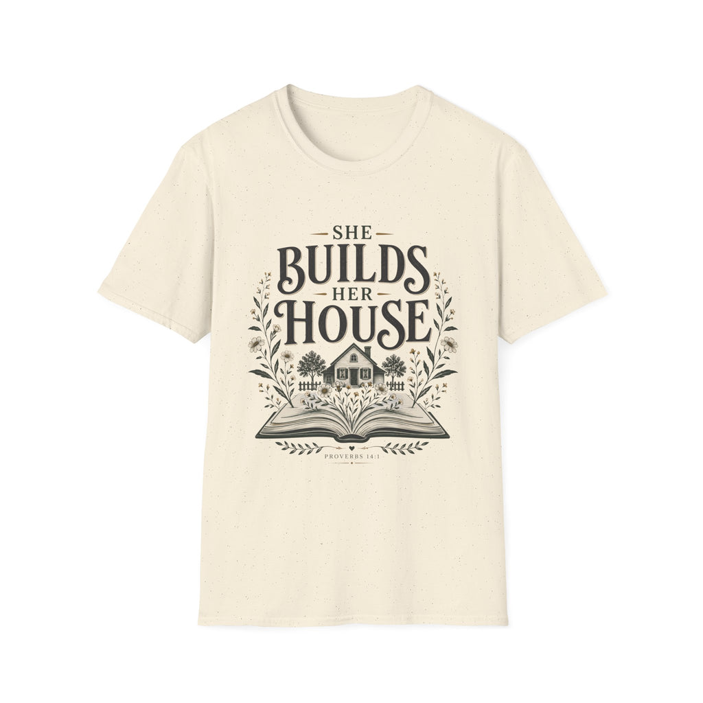 She Builds Her House homeschool mom graphic t-shirt with a faith-filled homeschool design with gentle lettering and classic illustrative details