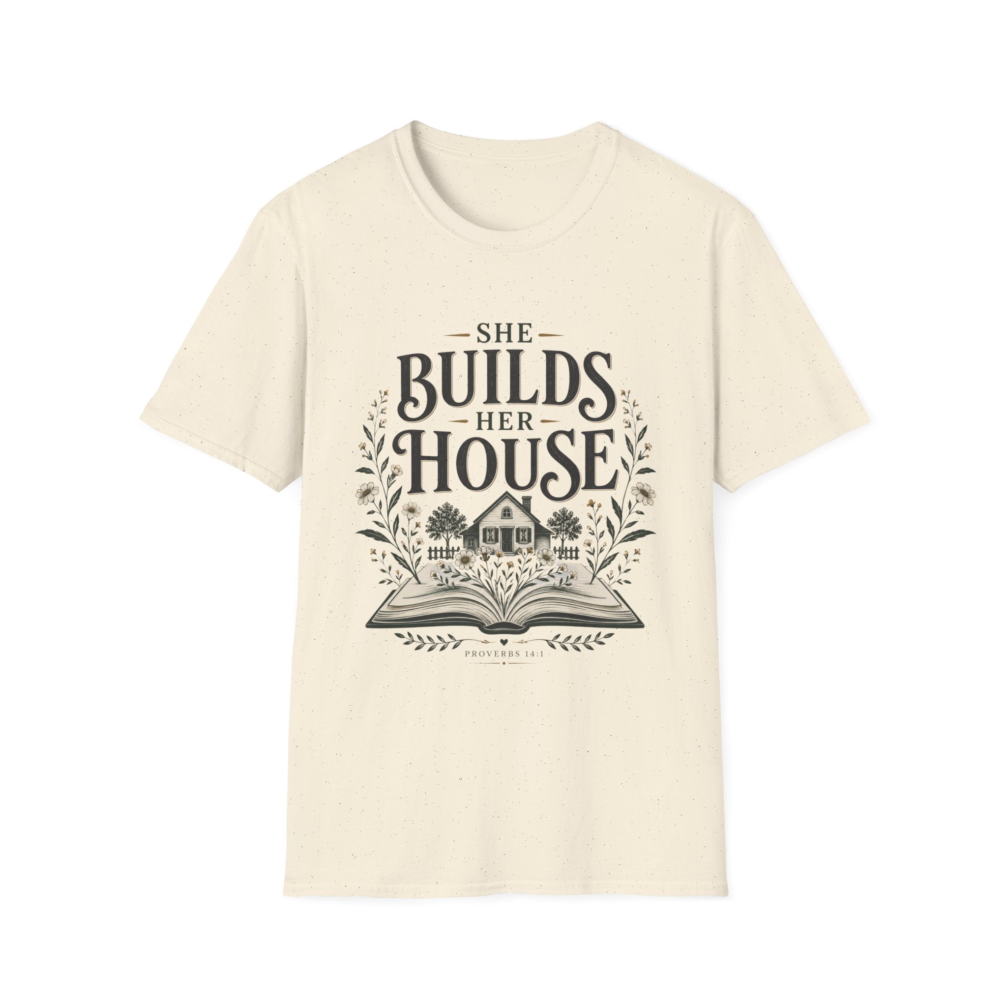She Builds Her House homeschool mom graphic t-shirt with a faith-filled homeschool design with gentle lettering and classic illustrative details