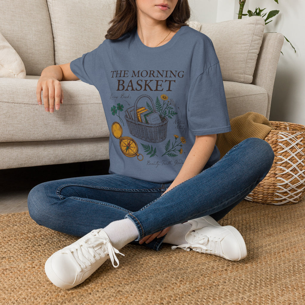 The Morning Basket homeschool mom graphic t-shirt with a cozy morning basket-inspired design with books, gentle details, and home learning charm