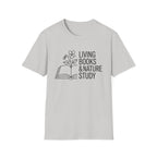 Living Books and Nature Study homeschool mom graphic t-shirt with a Charlotte Mason-inspired design with books, nature details, and vintage homeschool charm