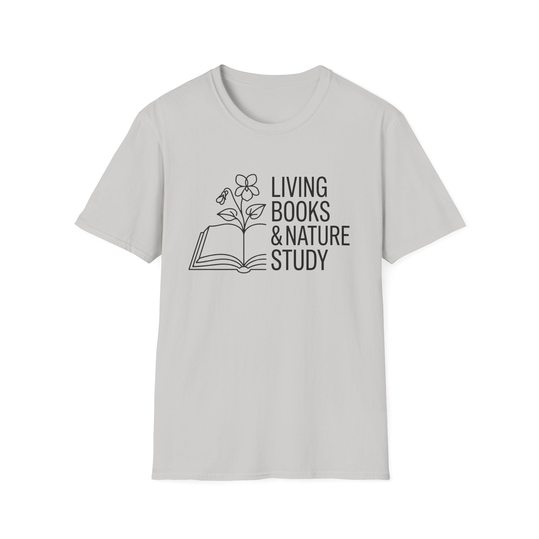 Living Books and Nature Study homeschool mom graphic t-shirt with a Charlotte Mason-inspired design with books, nature details, and vintage homeschool charm