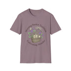 Morning Basket Tradition homeschool mom graphic t-shirt with a cozy morning basket-inspired design with books, gentle details, and home learning charm