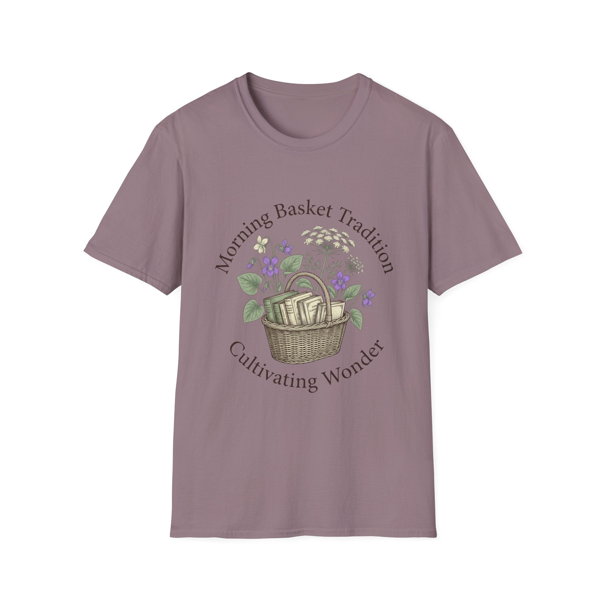 Morning Basket Tradition homeschool mom graphic t-shirt with a cozy morning basket-inspired design with books, gentle details, and home learning charm