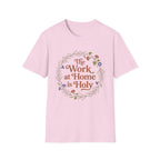 Holy Work homeschool mom graphic t-shirt with a faith-filled homeschool design with gentle lettering and classic illustrative details