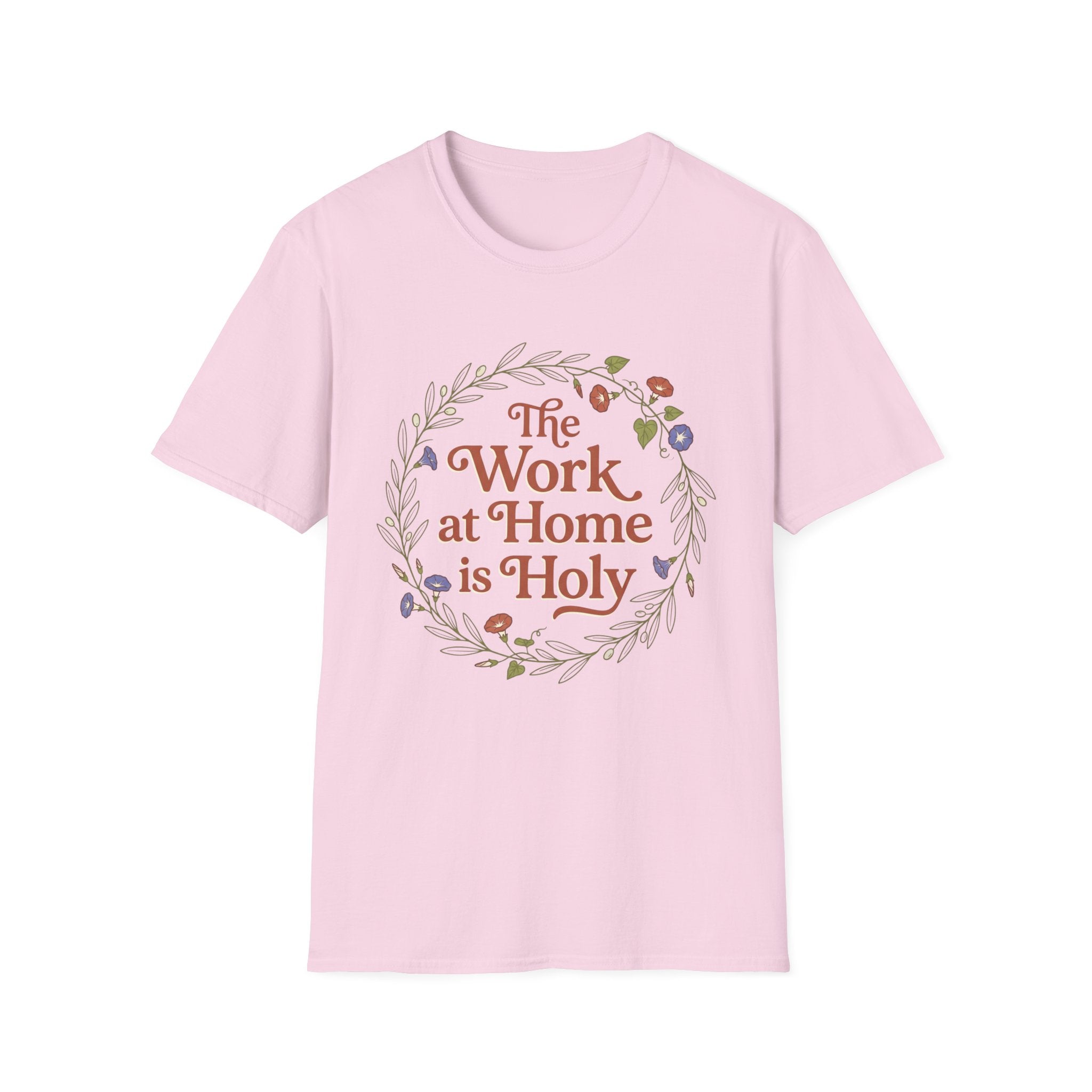 Holy Work homeschool mom graphic t-shirt with a faith-filled homeschool design with gentle lettering and classic illustrative details