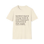 Barefoot Days Check List homeschool mom graphic t-shirt with a playful checklist-style homeschool graphic with bookish and nature-inspired details