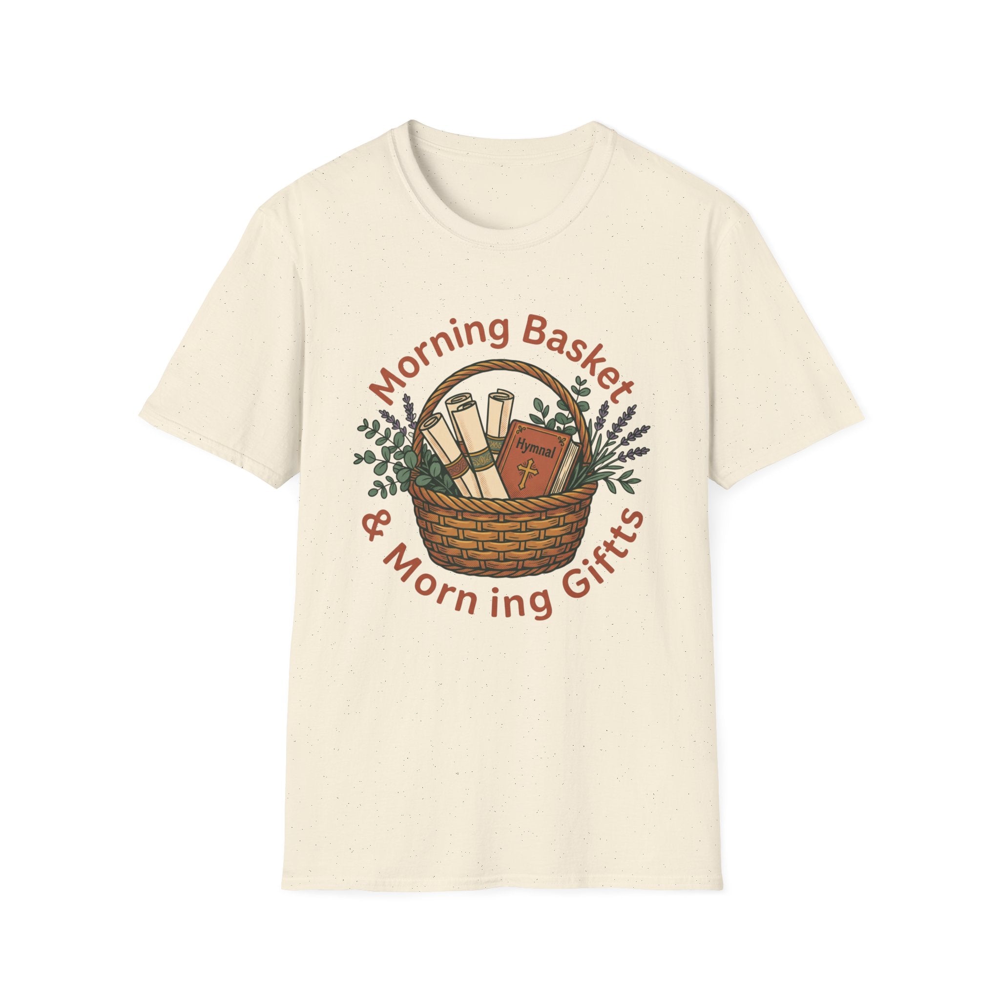 Morning Basket, Morning Gifts homeschool mom graphic t-shirt with a cozy morning basket-inspired design with books, gentle details, and home learning charm
