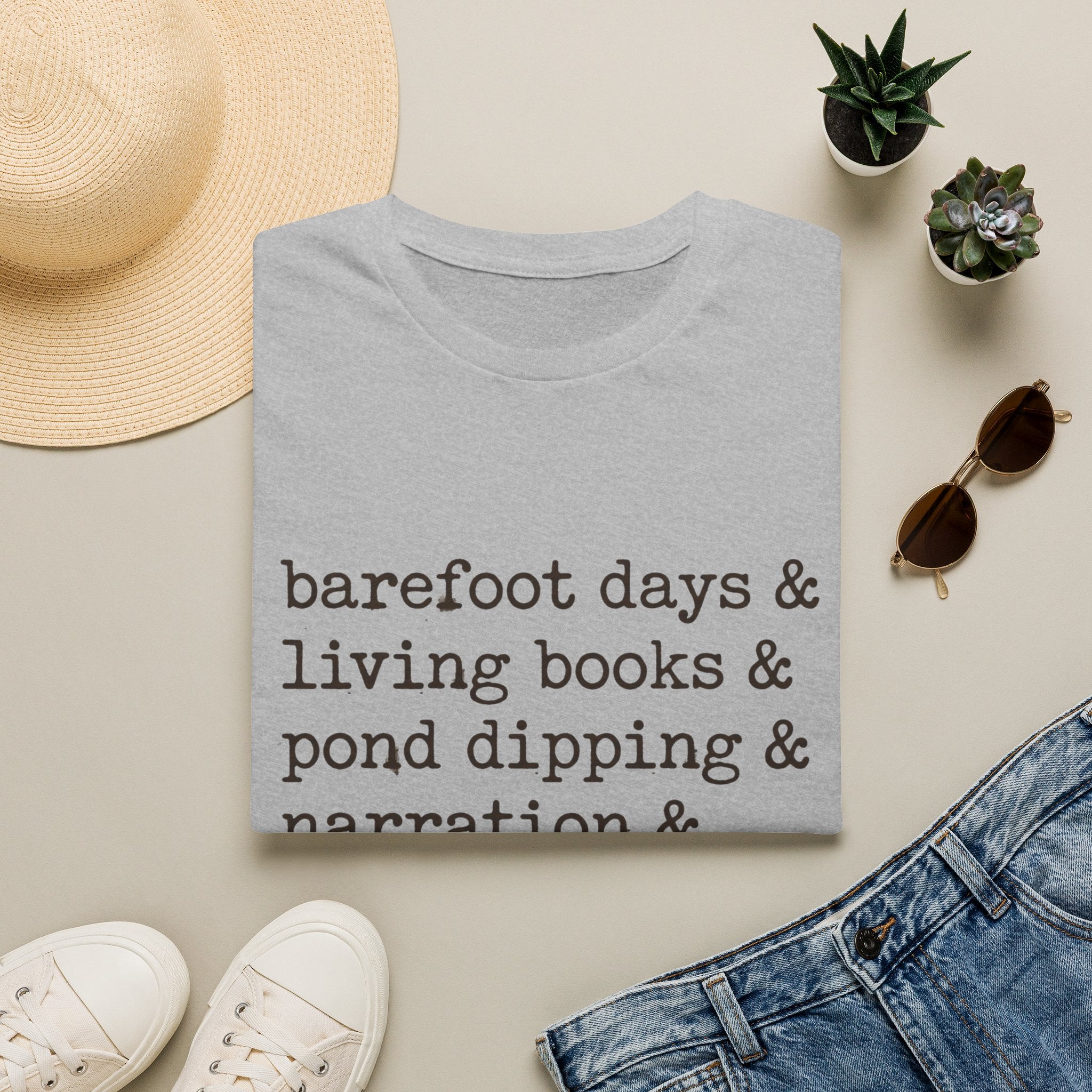 Barefoot Days Check List homeschool mom graphic t-shirt with a playful checklist-style homeschool graphic with bookish and nature-inspired details