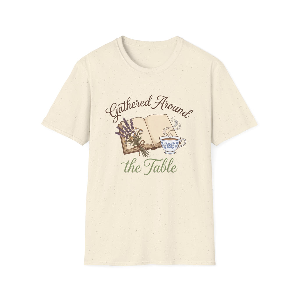 Gathered Around The Table homeschool mom graphic t-shirt with a gathered-at-home inspired graphic with books, florals, and cozy family learning details