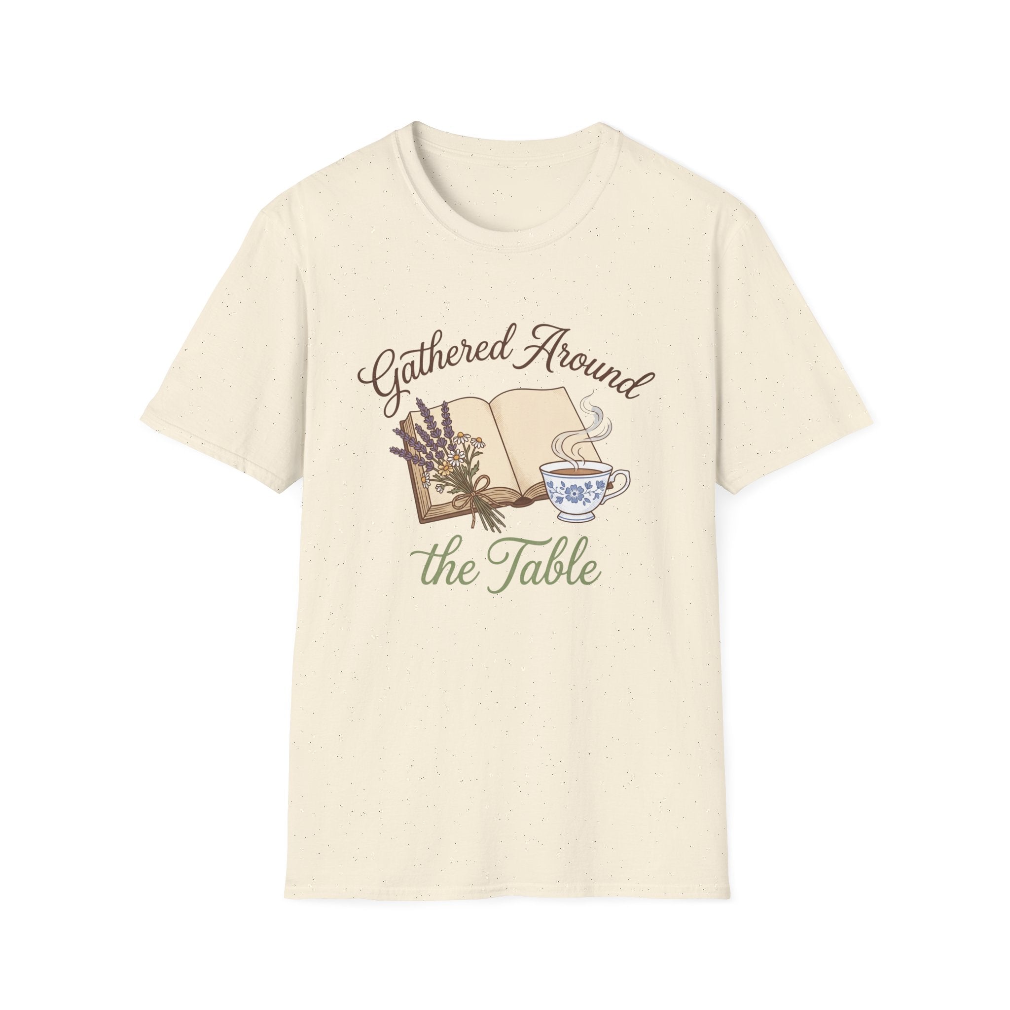 Gathered Around The Table homeschool mom graphic t-shirt with a gathered-at-home inspired graphic with books, florals, and cozy family learning details