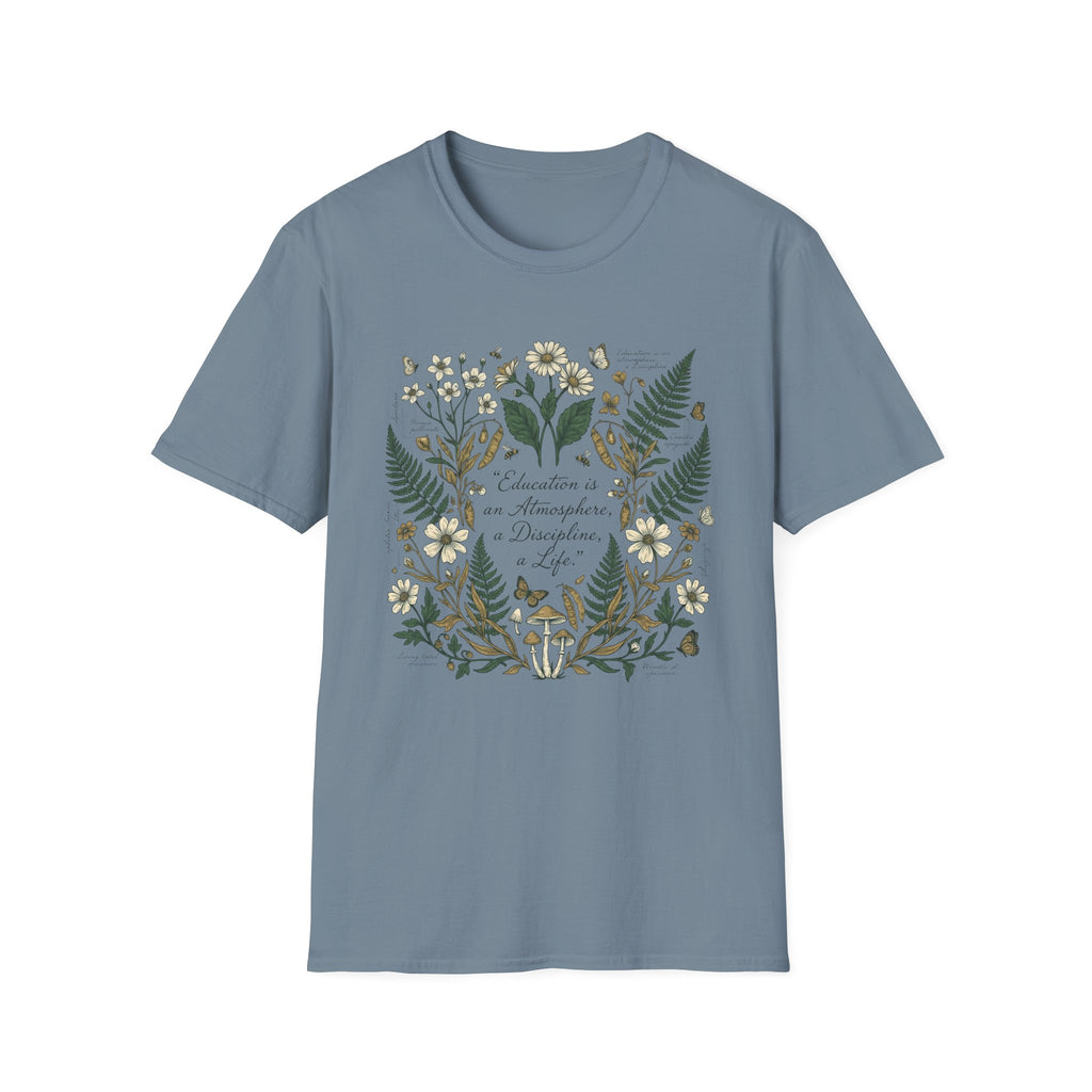 Education Is homeschool mom graphic t-shirt with a Charlotte Mason-inspired design with books, nature details, and vintage homeschool charm