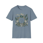 Education Is homeschool mom graphic t-shirt with a Charlotte Mason-inspired design with books, nature details, and vintage homeschool charm