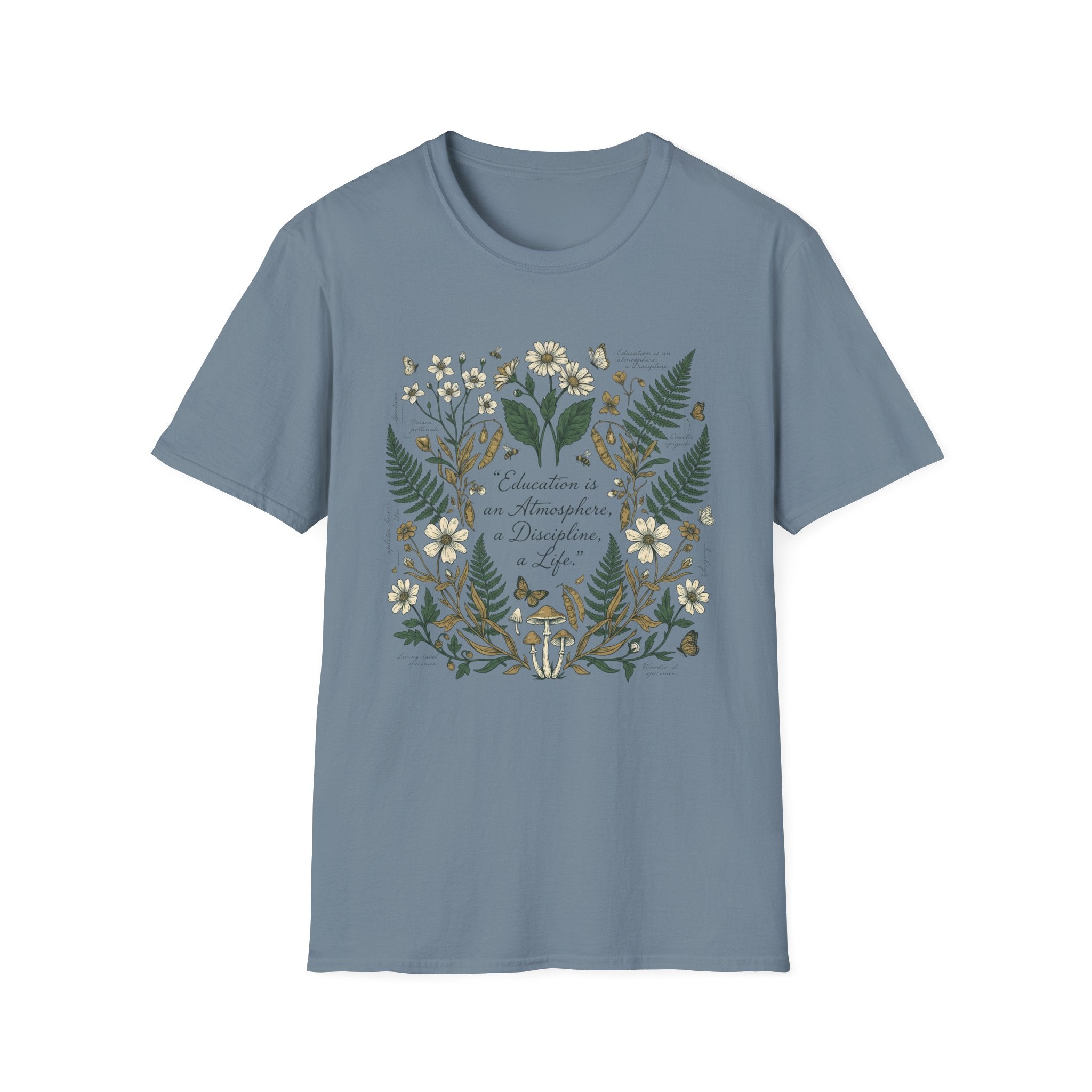 Education Is homeschool mom graphic t-shirt with a Charlotte Mason-inspired design with books, nature details, and vintage homeschool charm