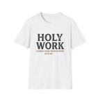 Holy Work homeschool mom graphic t-shirt with a faith-filled homeschool design with gentle lettering and classic illustrative details