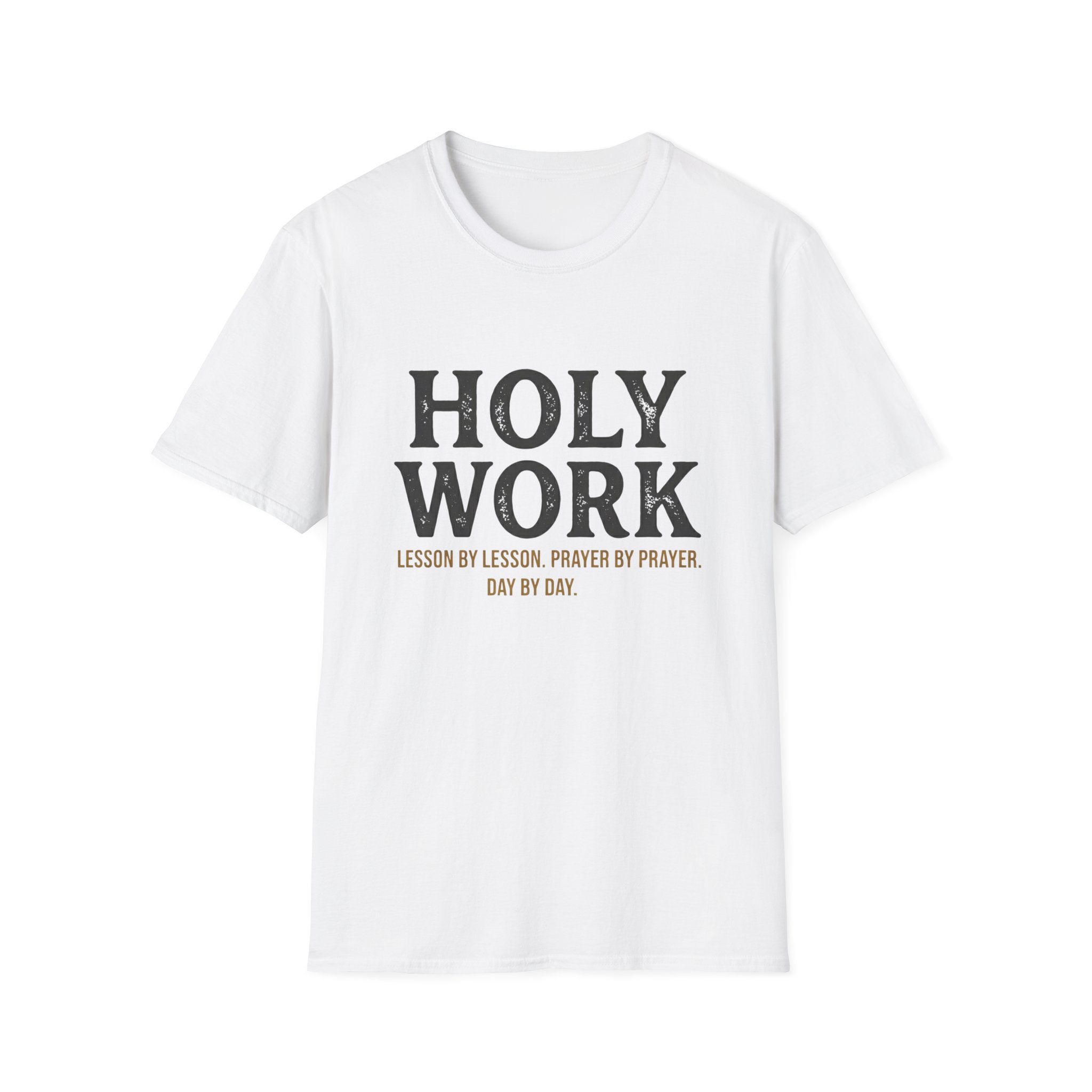 Holy Work homeschool mom graphic t-shirt with a faith-filled homeschool design with gentle lettering and classic illustrative details