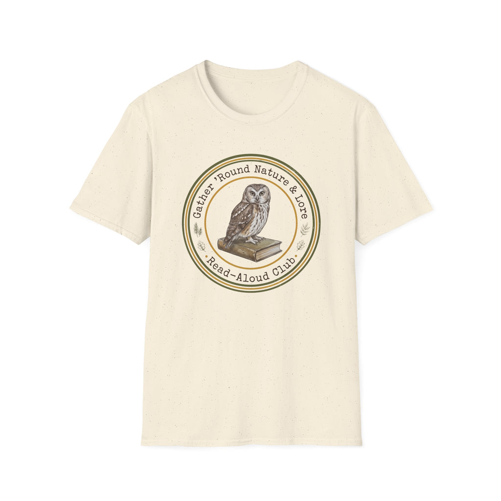 Gather Round Nature & Lore homeschool mom graphic t-shirt with a Charlotte Mason-inspired design with nature details, bookish elements, and classic homeschool lettering