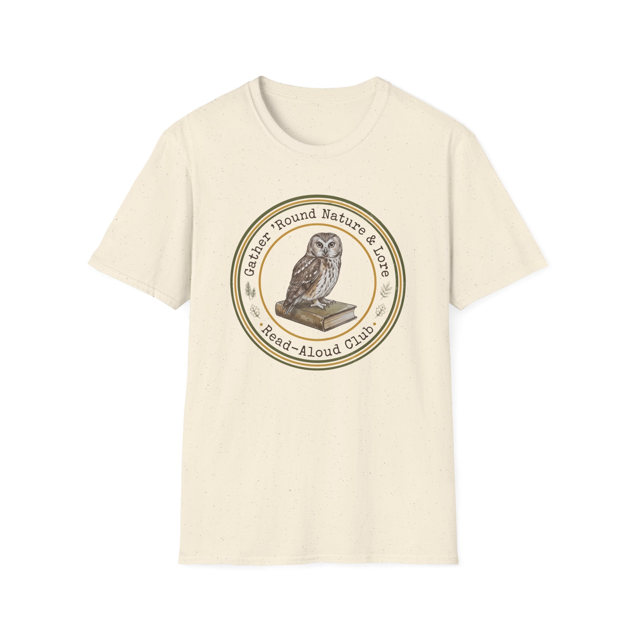 Gather Round Nature & Lore homeschool mom graphic t-shirt with a Charlotte Mason-inspired design with nature details, bookish elements, and classic homeschool lettering