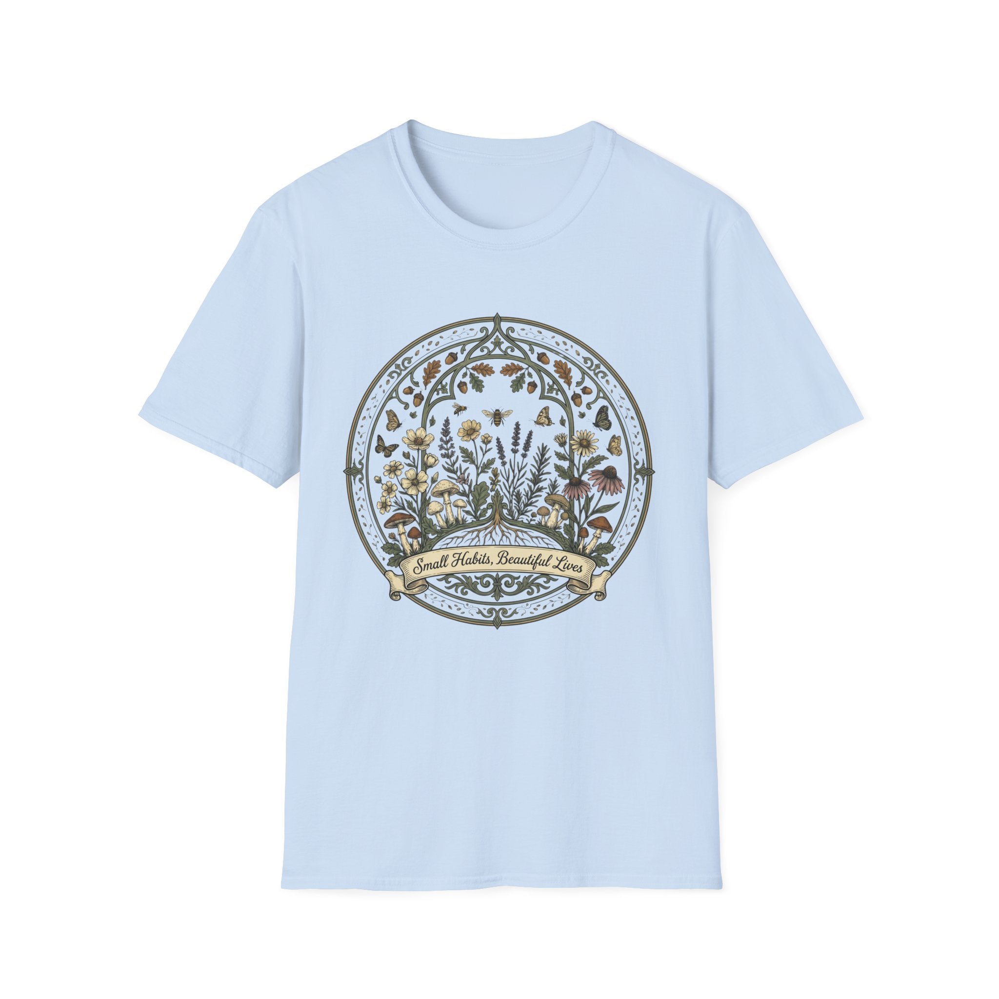 Small Habits Beautiful Lives homeschool mom graphic t-shirt with a warm homeschool-inspired graphic with thoughtful lettering
