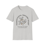 Homeschool Nature Study homeschool mom graphic t-shirt with a Charlotte Mason-inspired design with nature details, bookish elements, and classic homeschool lettering