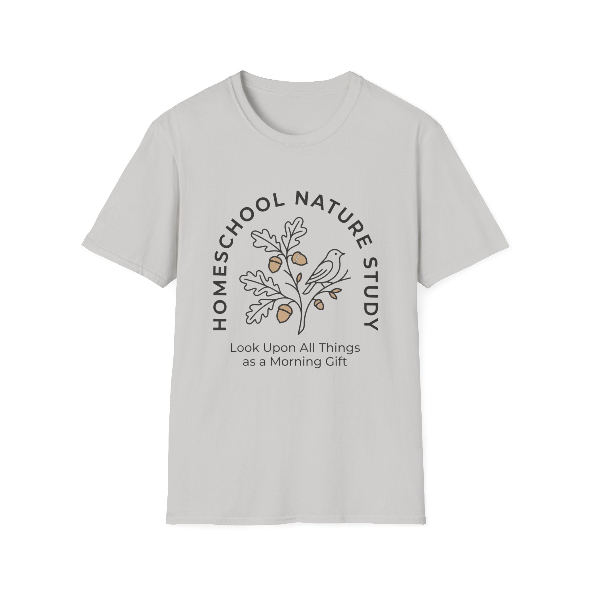 Homeschool Nature Study homeschool mom graphic t-shirt with a Charlotte Mason-inspired design with nature details, bookish elements, and classic homeschool lettering