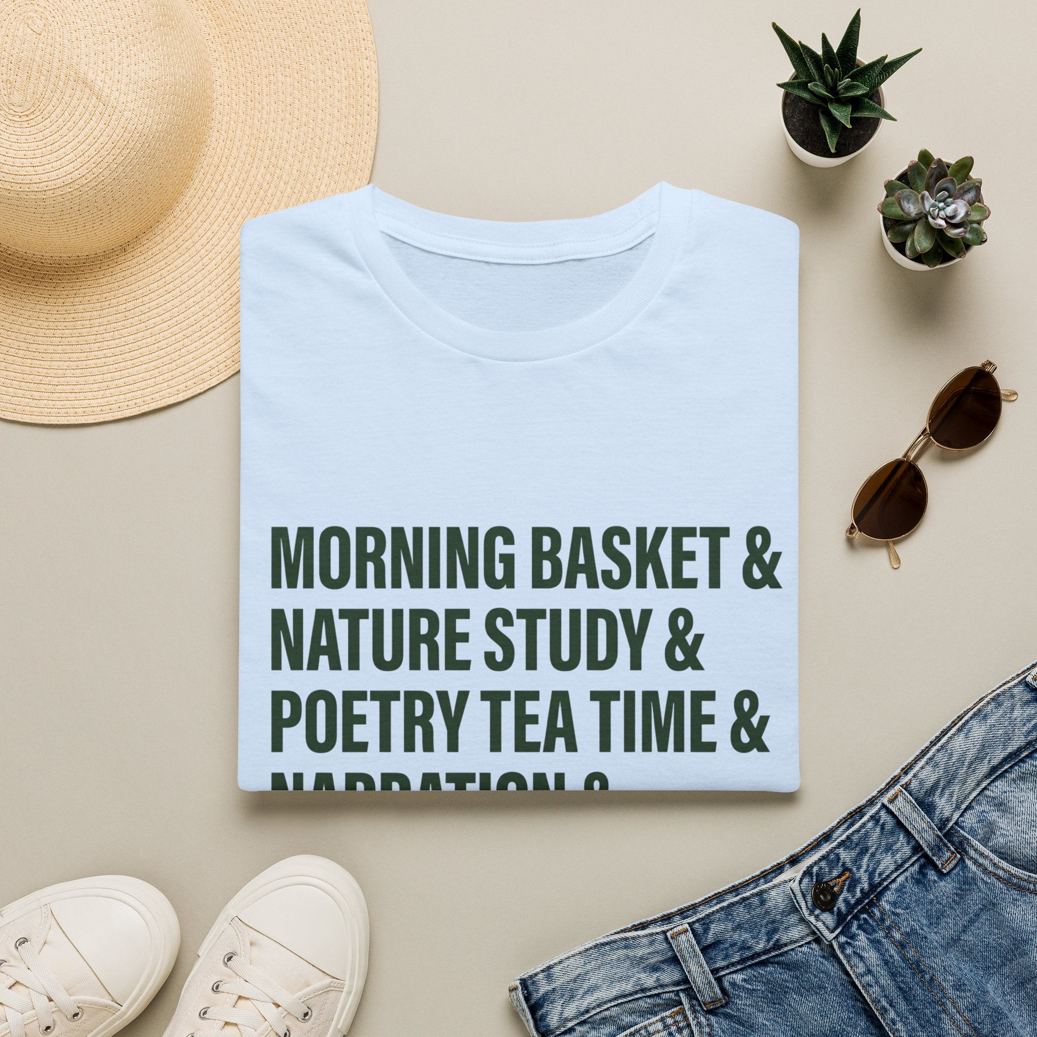 Narration Check List homeschool mom graphic t-shirt with a playful checklist-style homeschool graphic with bookish and nature-inspired details