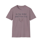 My Wild and Free Era homeschool mom graphic t-shirt with an adventurous homeschool graphic with nature, books, and outdoor learning energy